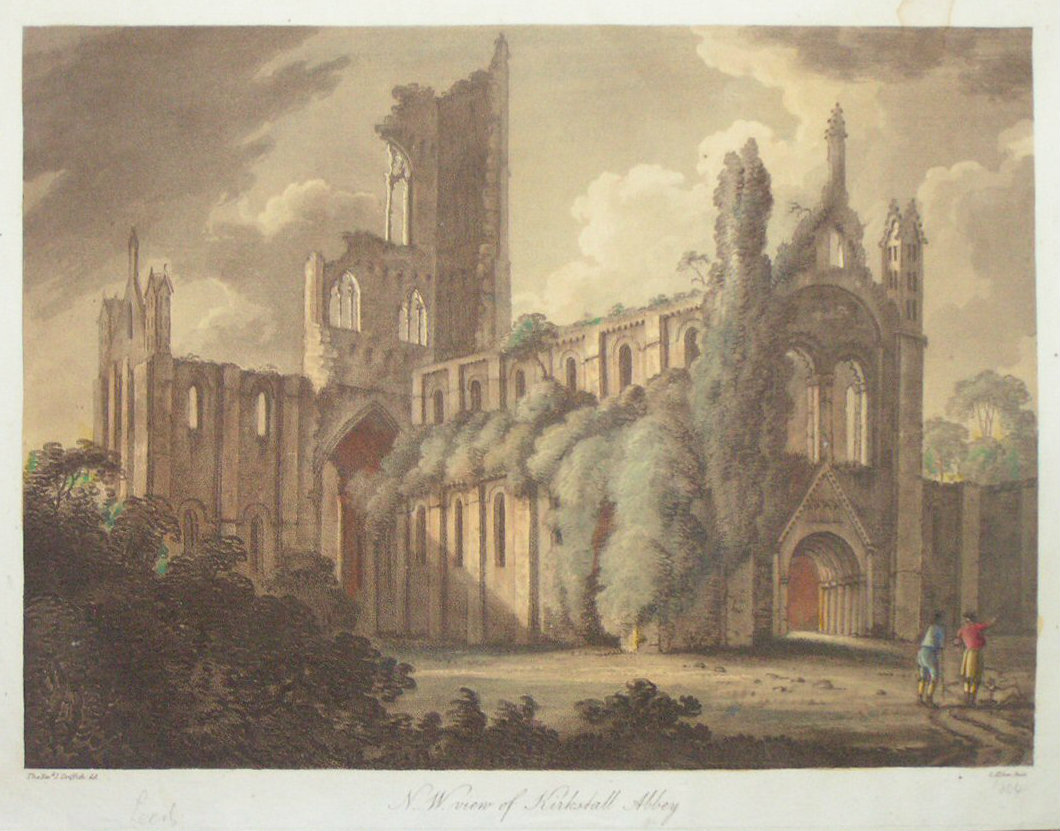 Aquatint - N.W. View of Kirkstall Abbey - Alken